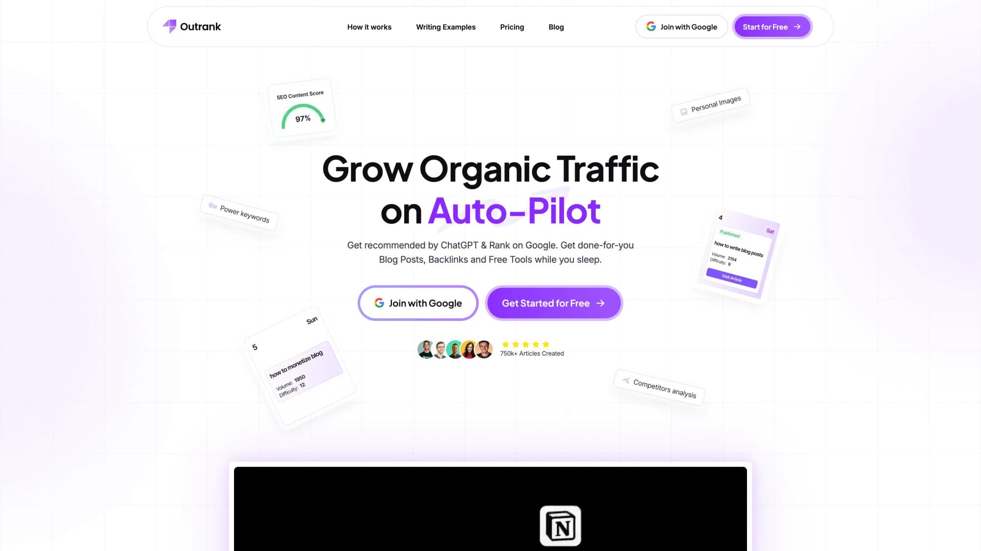 Outrank homepage showing "Grow Organic Traffic on Auto-Pilot" hero with Join with Google and Get Started for Free CTAs