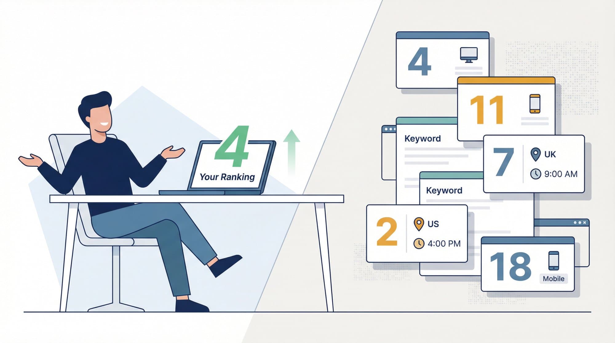 Illustration: one person sees their page at position 4, while the same keyword ranks 2 in the US, 7 in the UK, 11 on mobile and 18 on another device.
