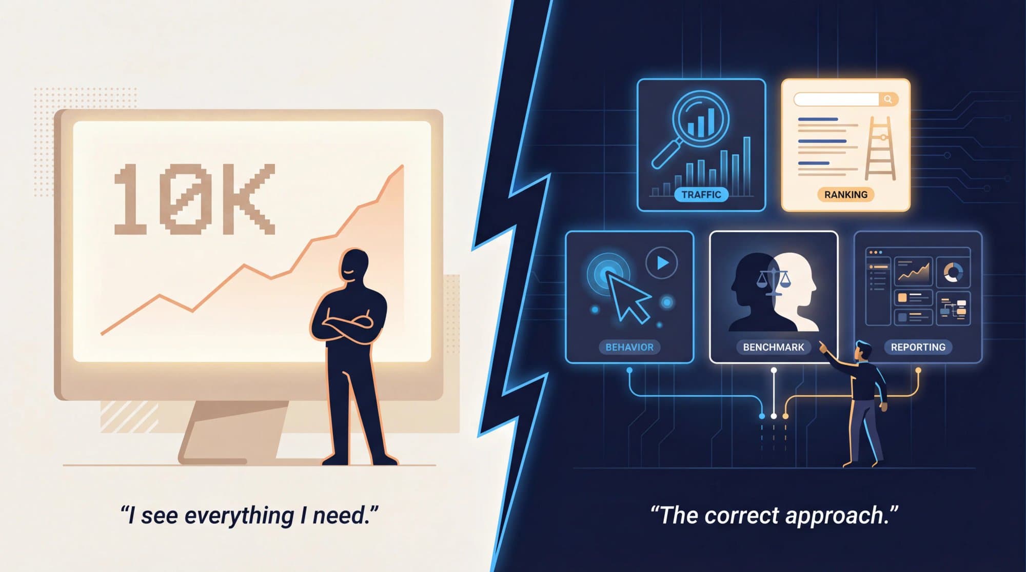 Split editorial illustration showing the wrong mental model of website traffic as one number versus the correct model of five distinct monitoring jobs