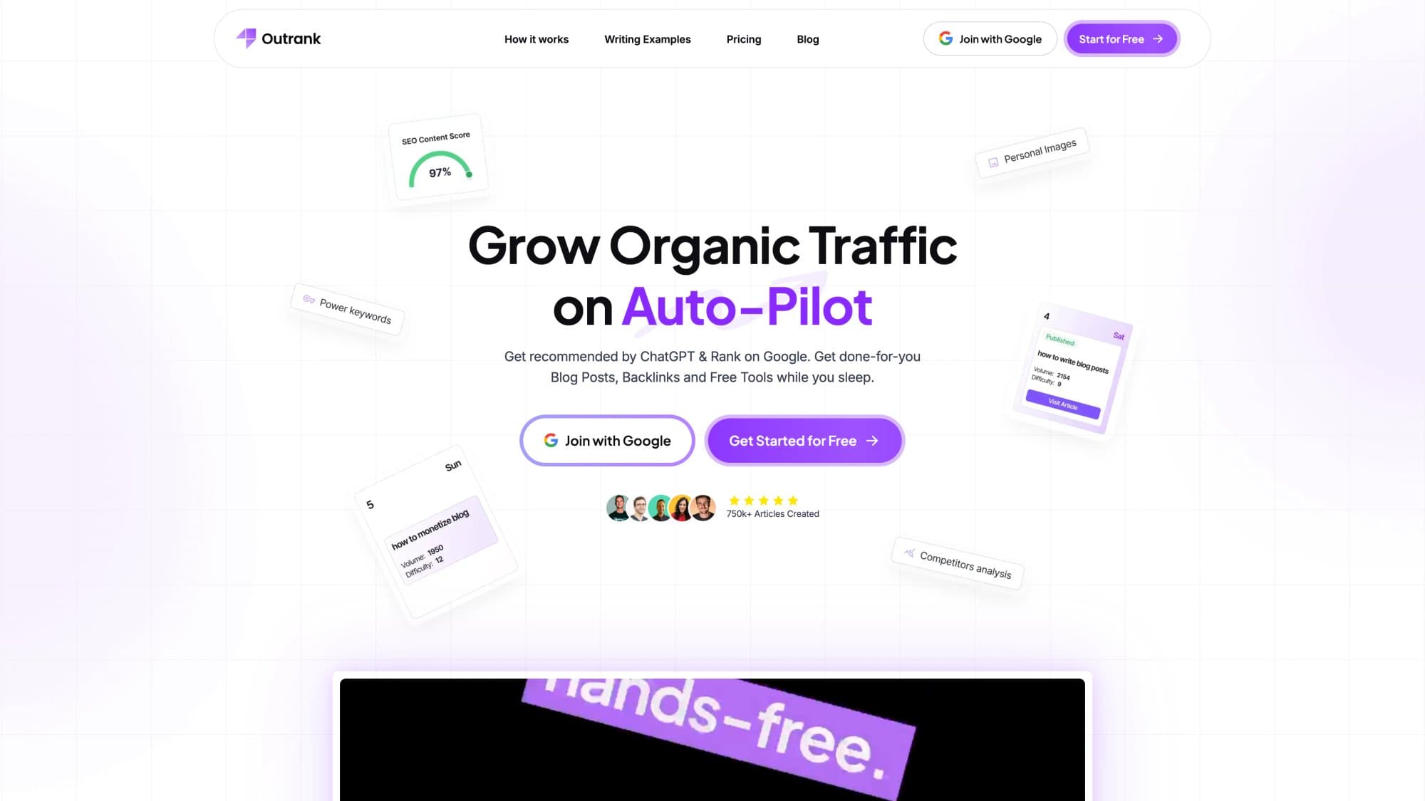 Outrank homepage showing "Grow Organic Traffic on Auto-Pilot" with Backlink Exchange and content automation features