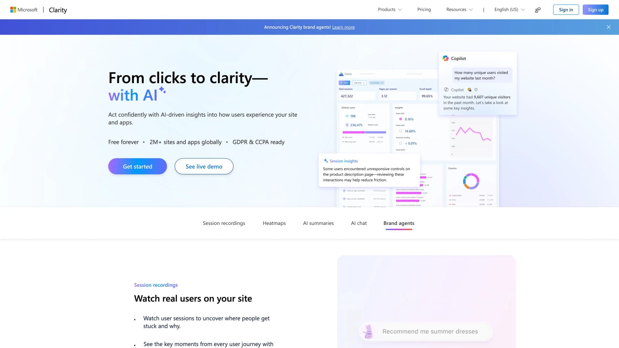Microsoft Clarity homepage showing "From clicks to clarity with AI" hero, free forever badge, 2M+ sites metric, and heatmap product preview