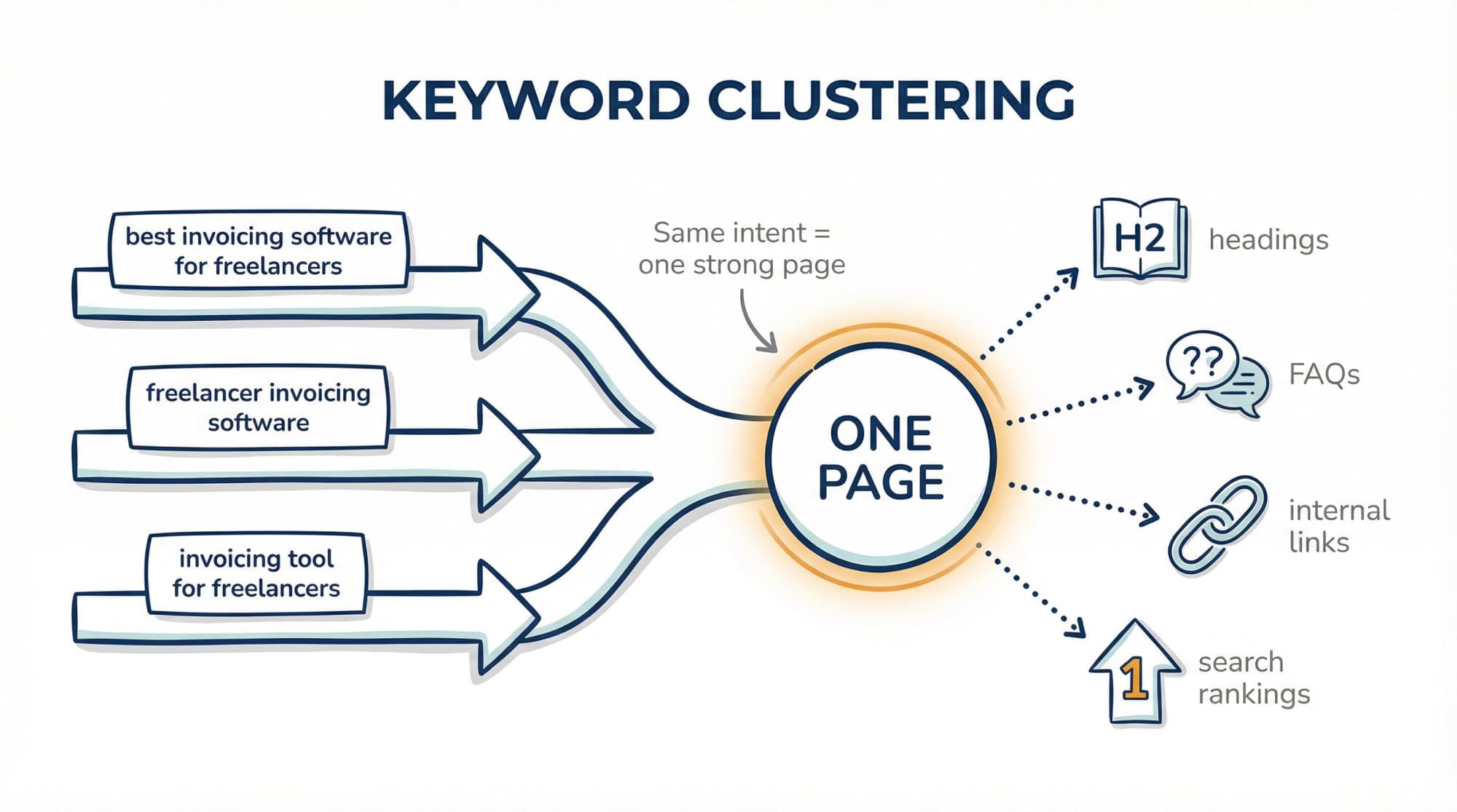 Three similar keyword variations funneling into one page, which then uses them in headings, FAQs and internal links