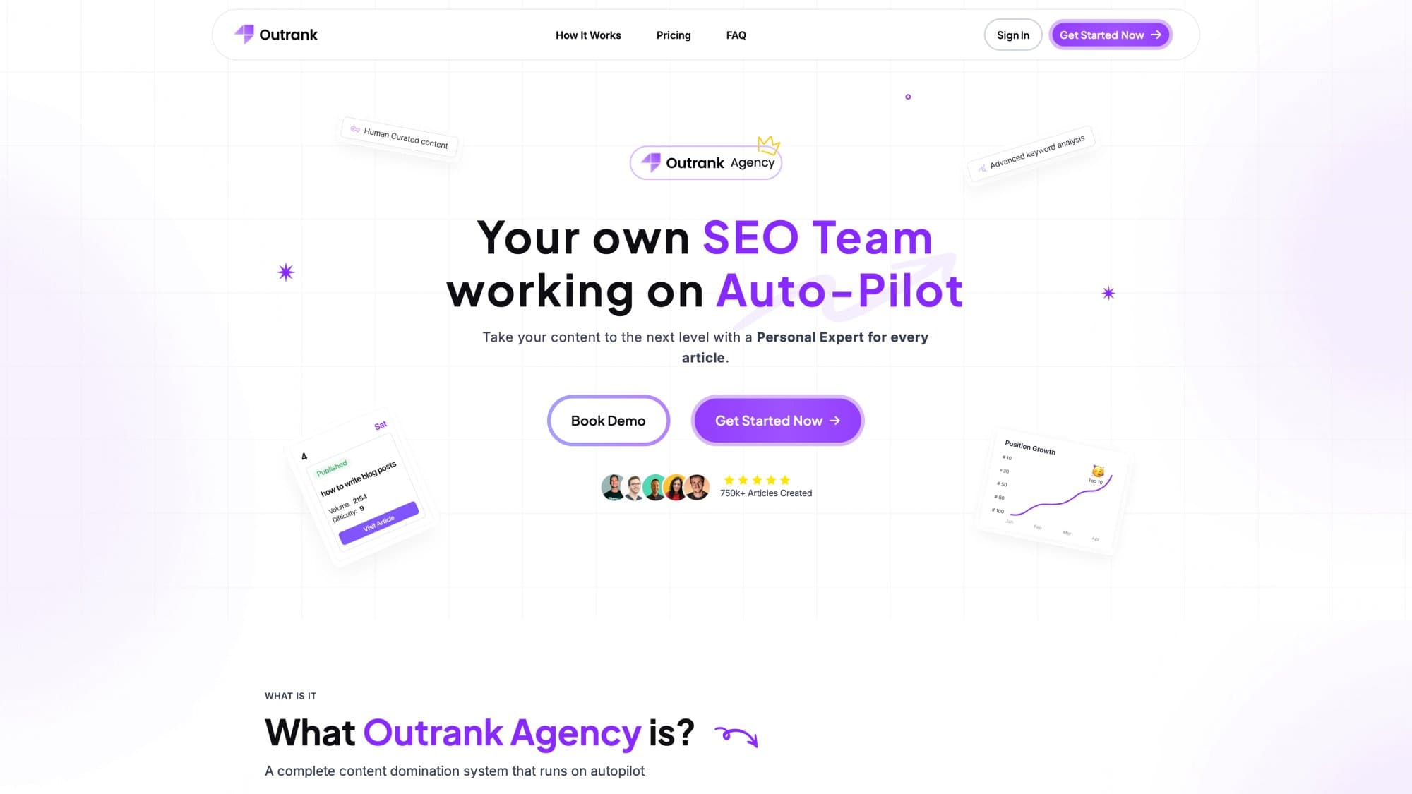 Outrank Agency landing page offering done-for-you SEO content service with 30 articles per month