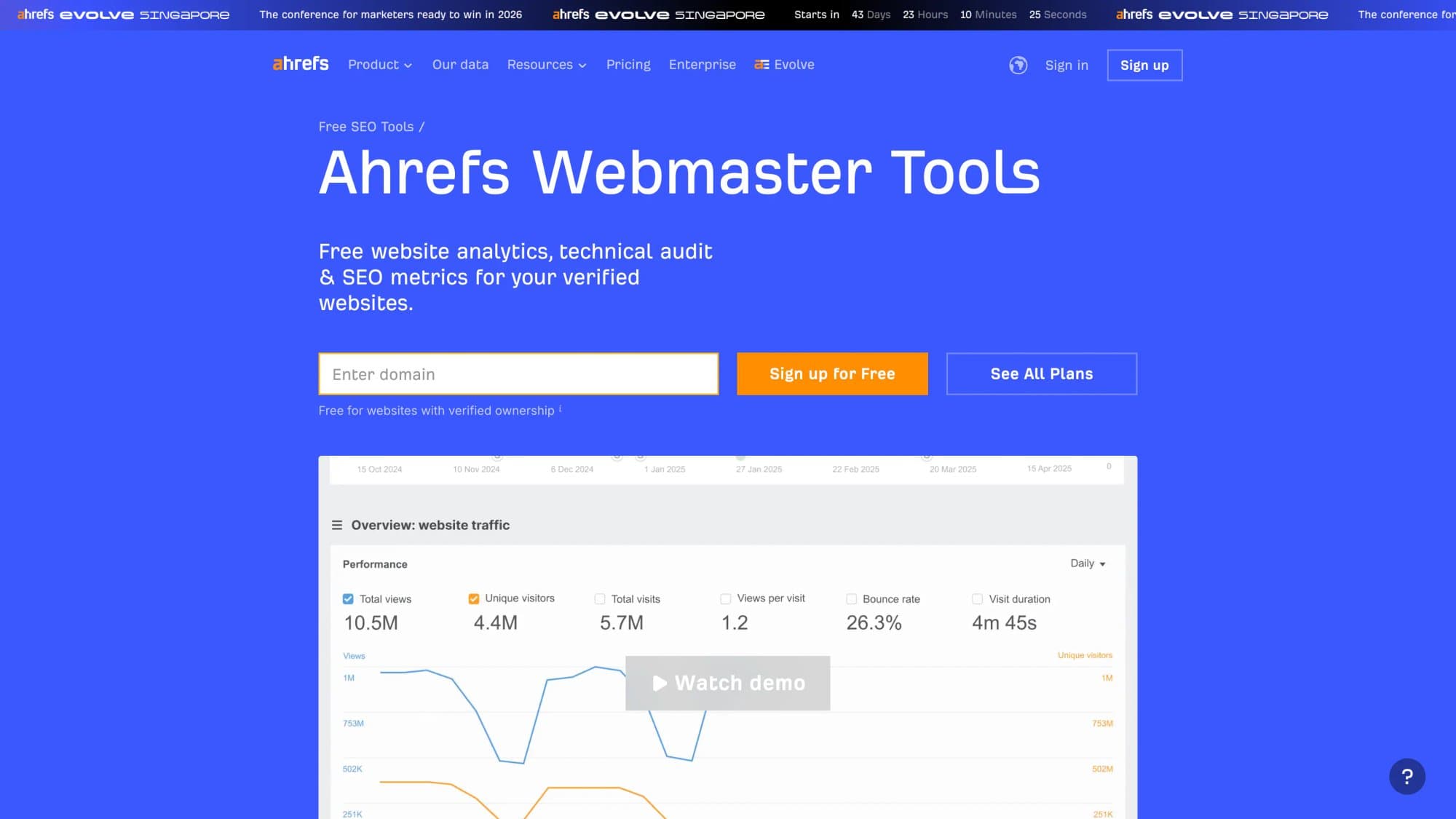 Ahrefs Webmaster Tools landing page showing free website analytics and SEO metrics offering with domain entry field and dashboard preview