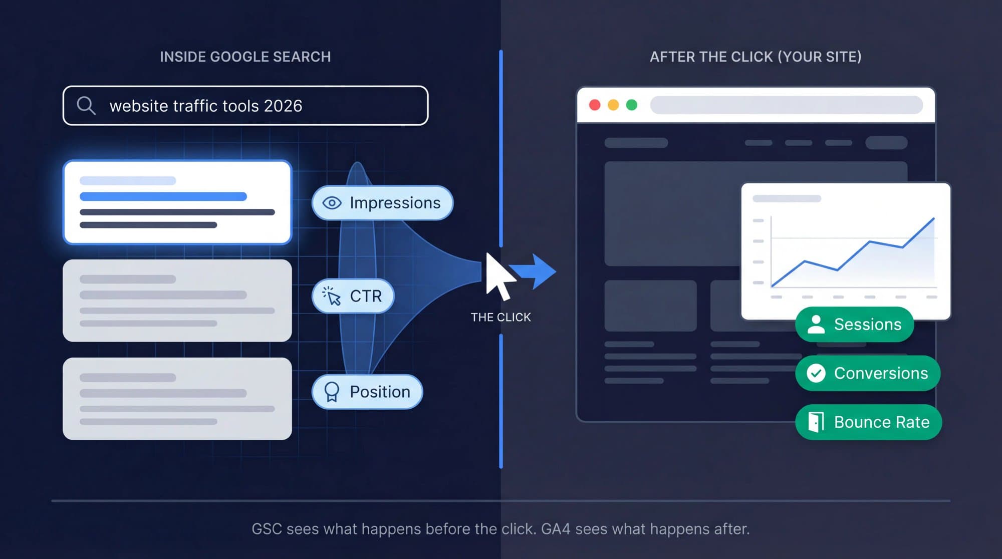Split diagram showing what Google Search Console tracks (pre-click: impressions, CTR, position) versus what GA4 tracks (post-click: sessions, conversions)