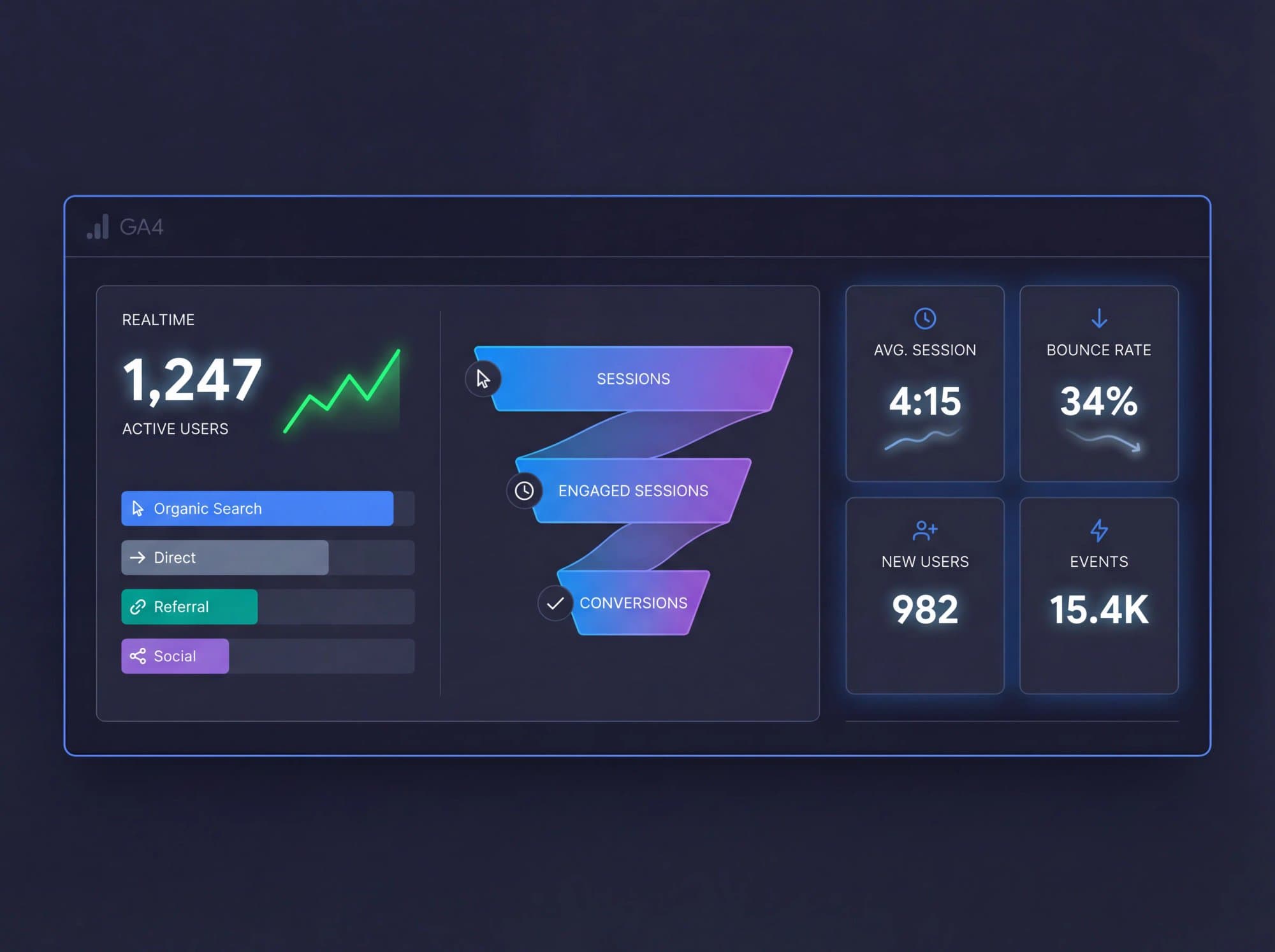 GA4 analytics dashboard showing real-time active users, traffic sources, and conversion events in a clean editorial illustration