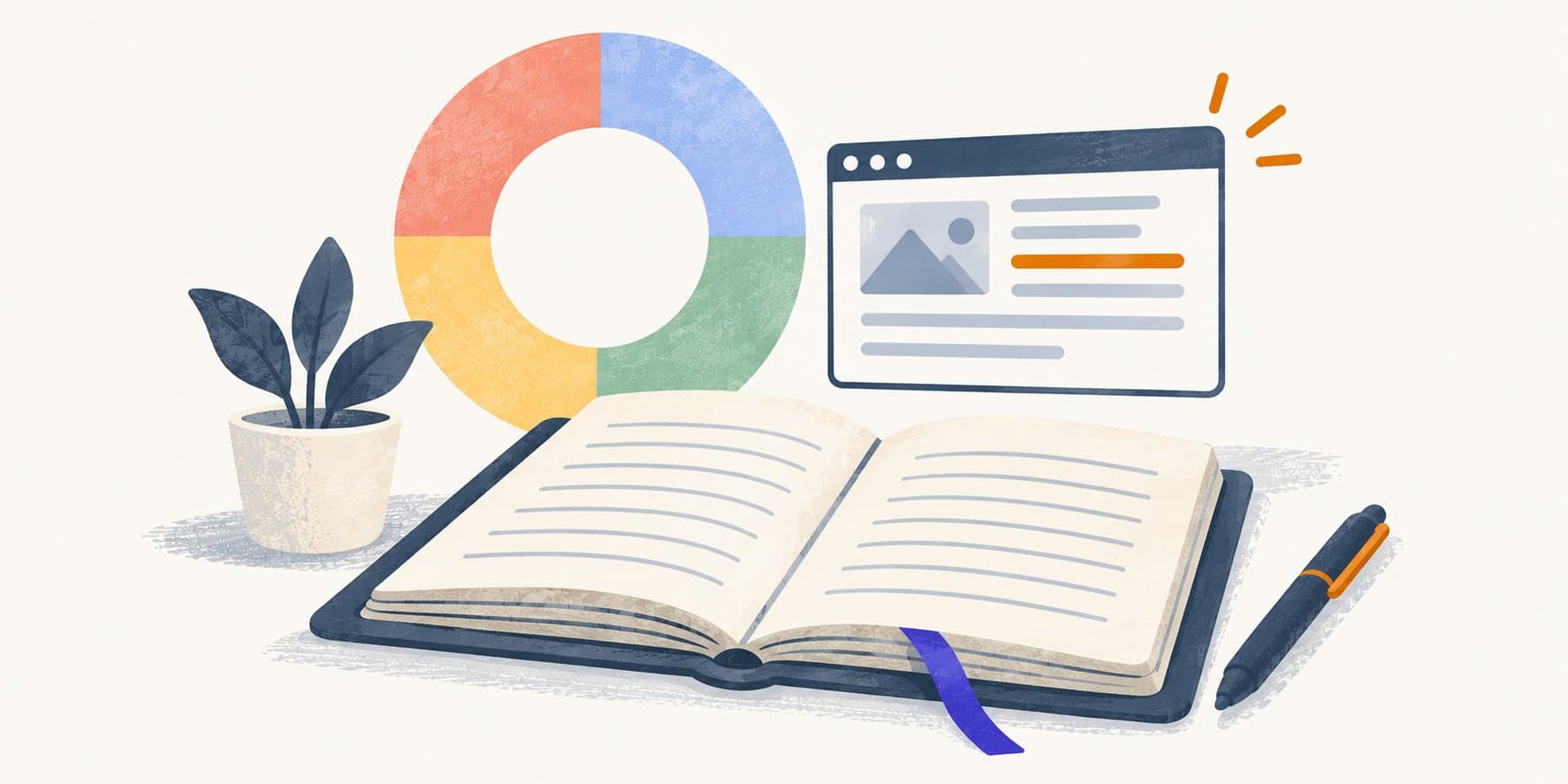 A notebook open beside a simple browser window, with a faint Google color mark in the background — representing Blogger's simple, timeless, Google-backed nature