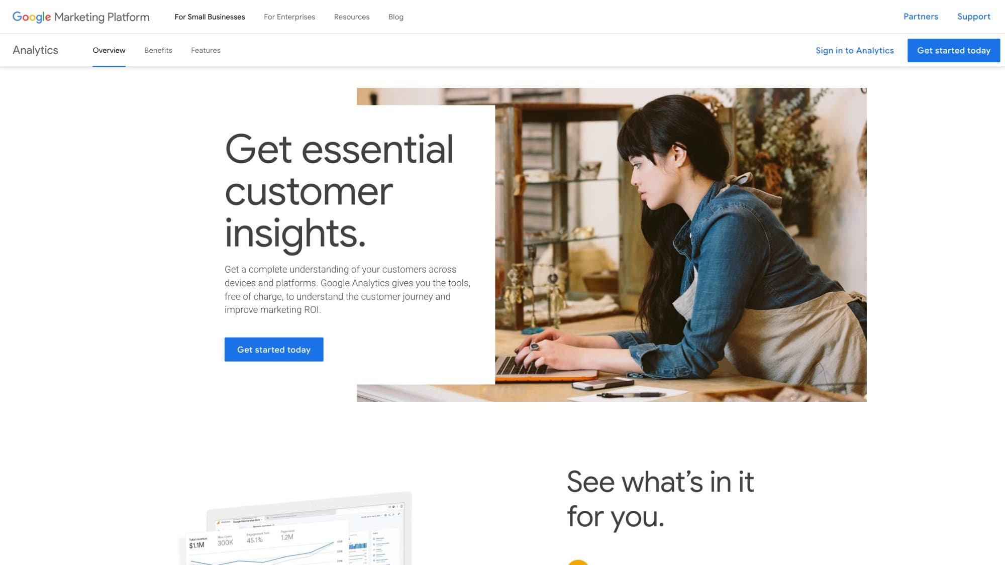 Google Marketing Platform Analytics page confirming GA4 is free for all users
