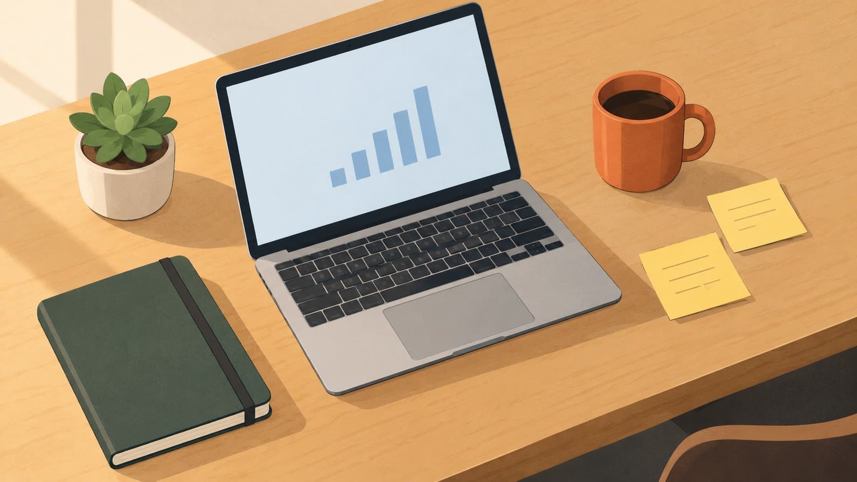 Early-stage blogger workspace with laptop dashboard showing growing ad revenue chart
