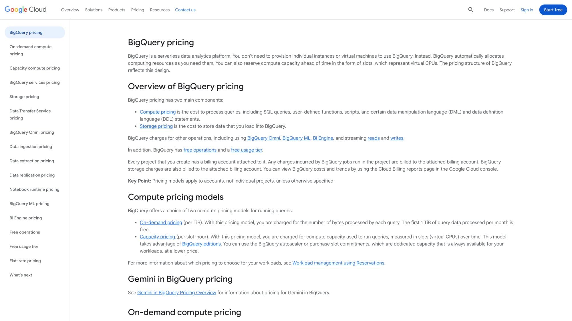 Google Cloud BigQuery pricing page showing on-demand query costs and storage pricing
