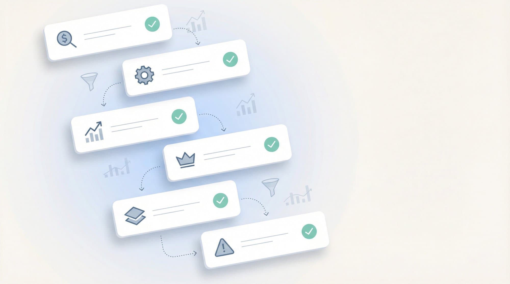 Editorial illustration of floating FAQ cards answering common Google Analytics pricing questions with analytics icons