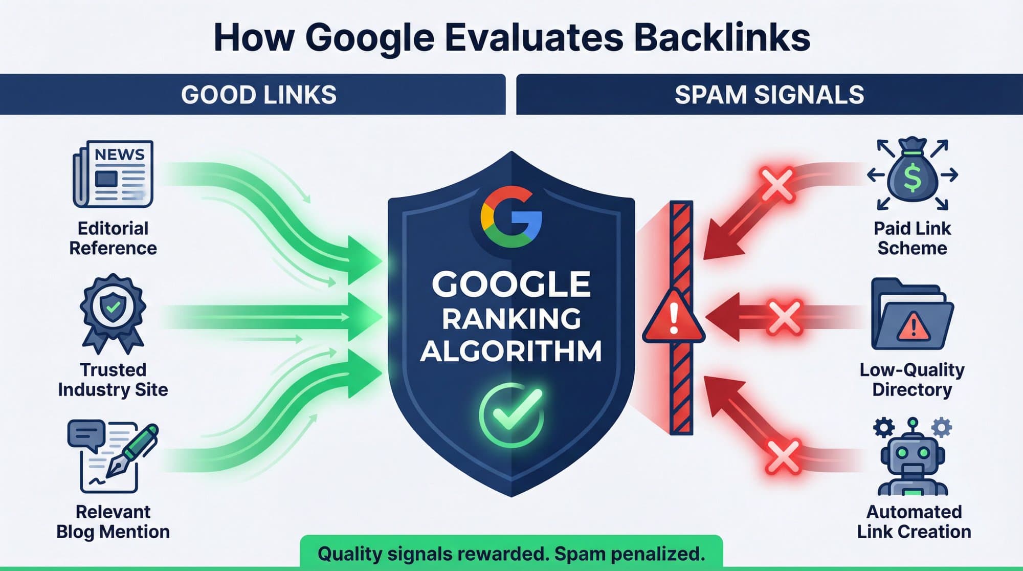 Editorial illustration showing Google's algorithm rewarding quality editorial backlinks while filtering out link spam tactics in 2026