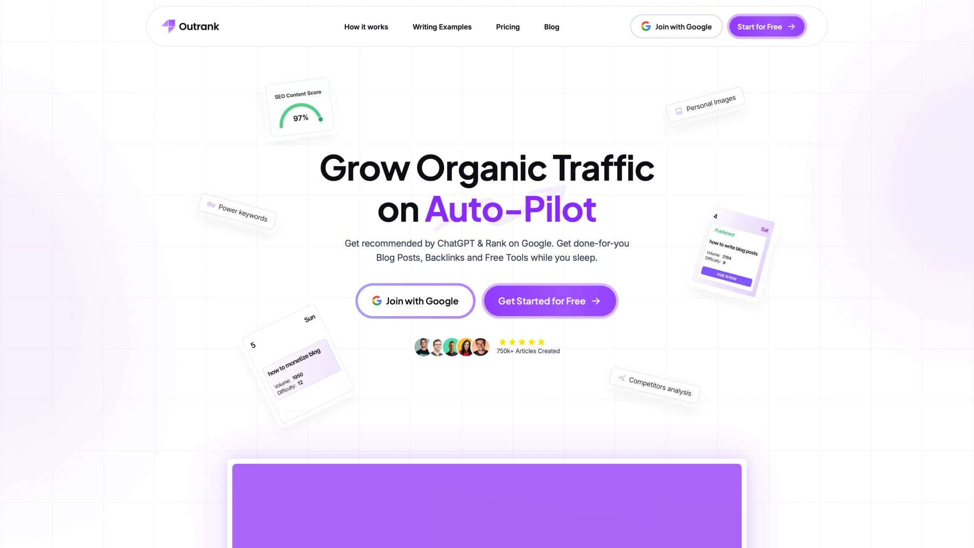 Outrank homepage showing AI-driven SEO automation platform for organic traffic growth
