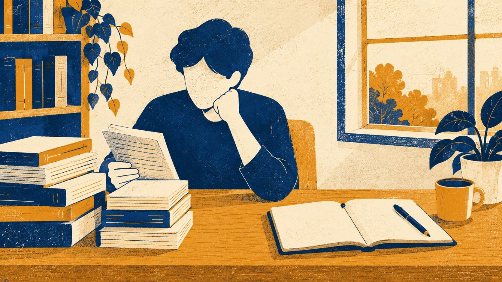 An editorial illustration of a person at a desk, reading documents on the left and an open notebook waiting on the right, representing the shift from consuming SEO knowledge to creating
