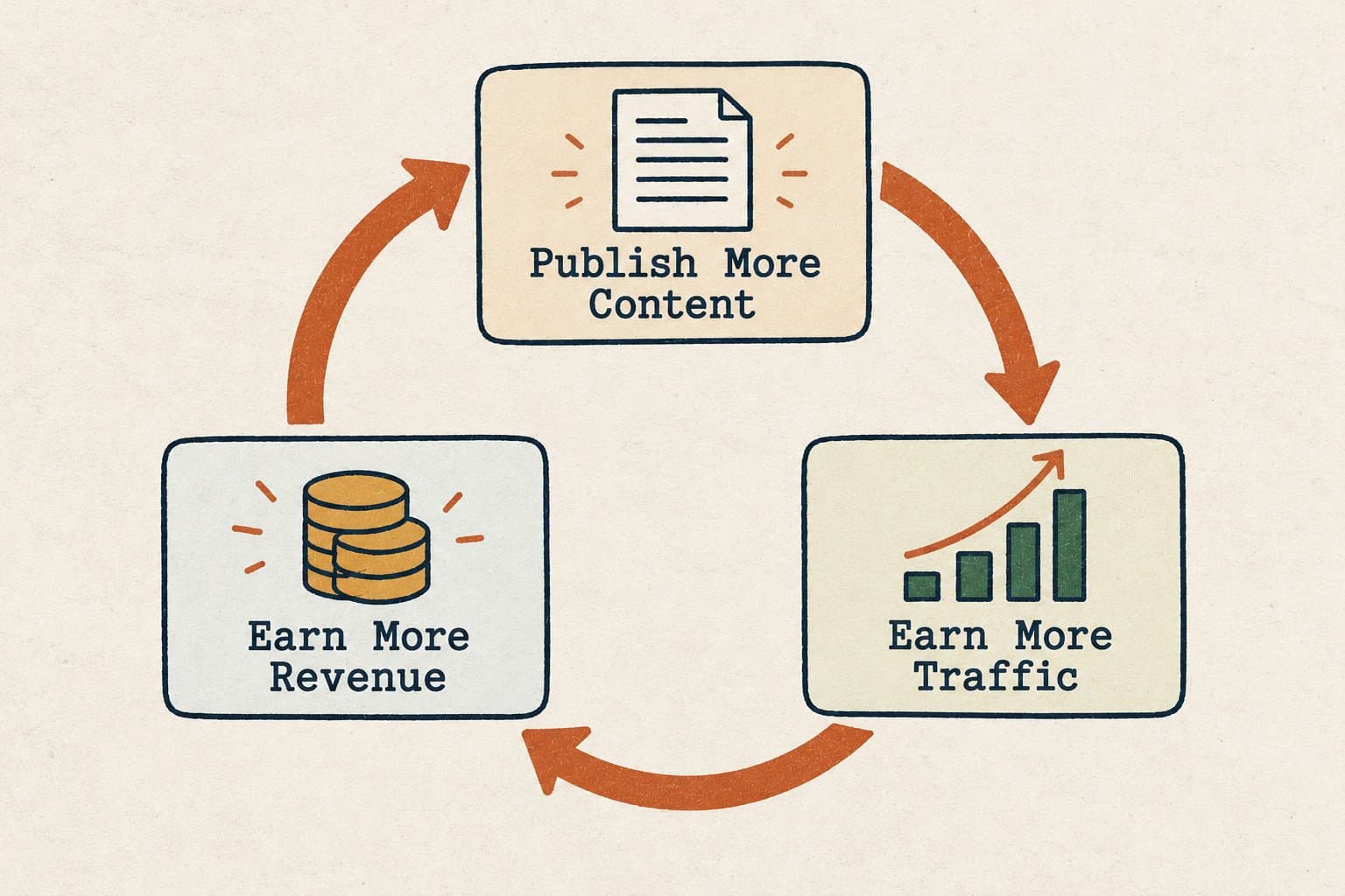 Flywheel diagram showing the compounding loop between content volume, organic traffic, and AdSense revenue — publish more content, earn more traffic, earn more revenue, repeat