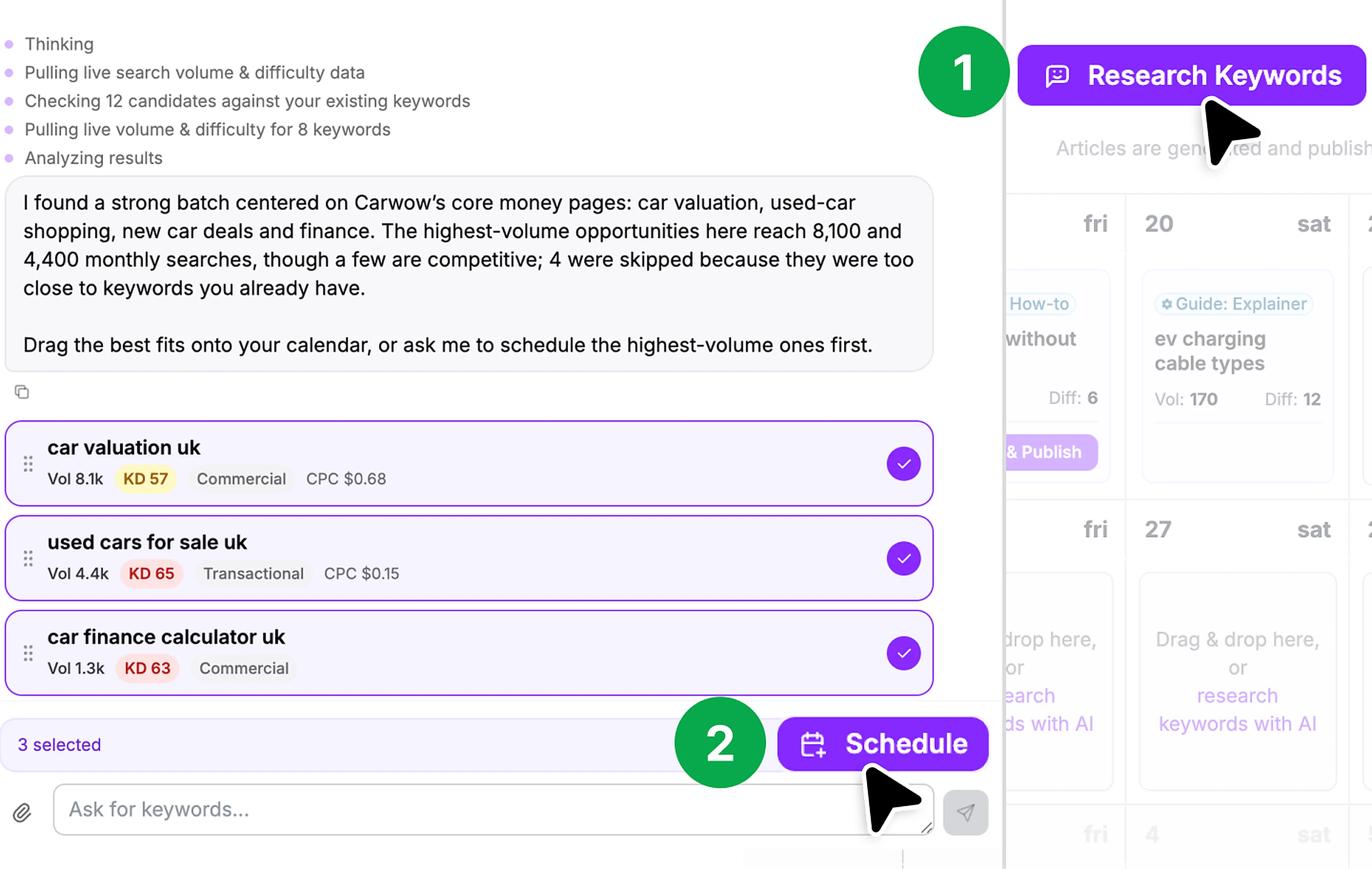 Outrank keyword research chat listing keywords with search volume and difficulty, and a Schedule button