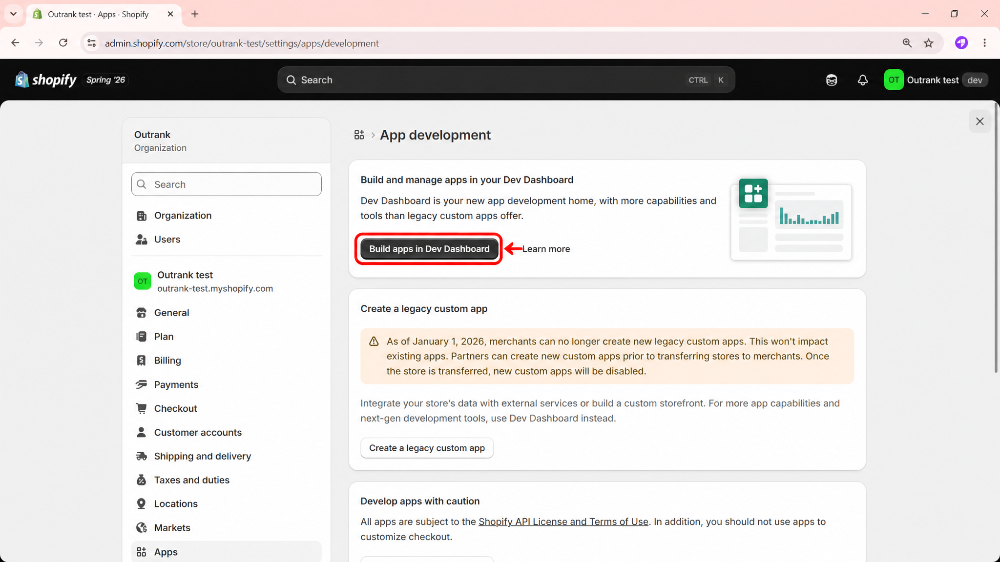 App development page with the Build apps in Dev Dashboard button highlighted
