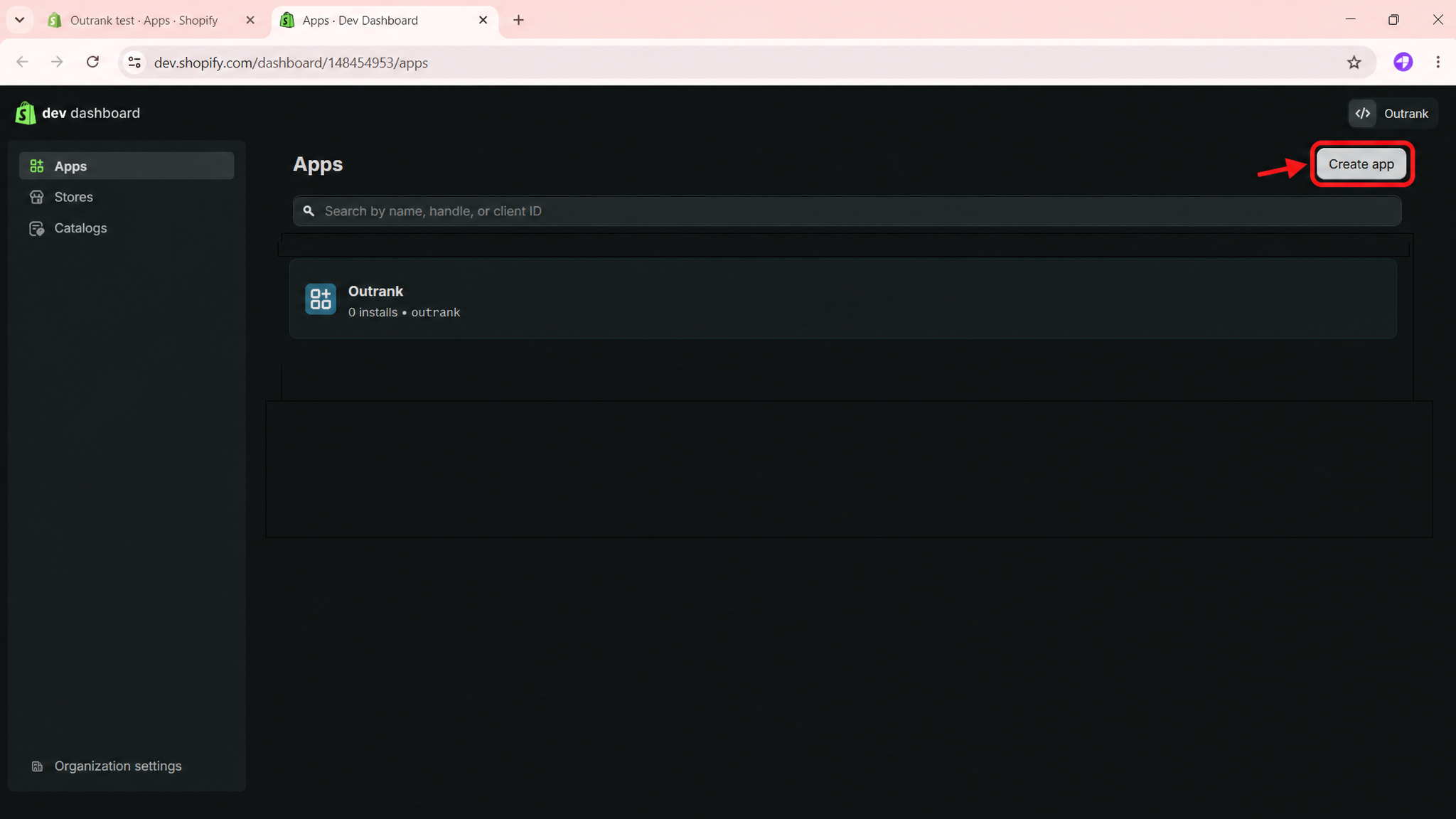 Dev Dashboard apps list with the Create app button highlighted