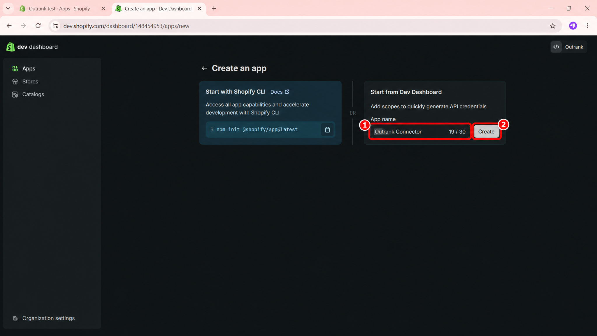 Create an app page with the app name field and Create button highlighted