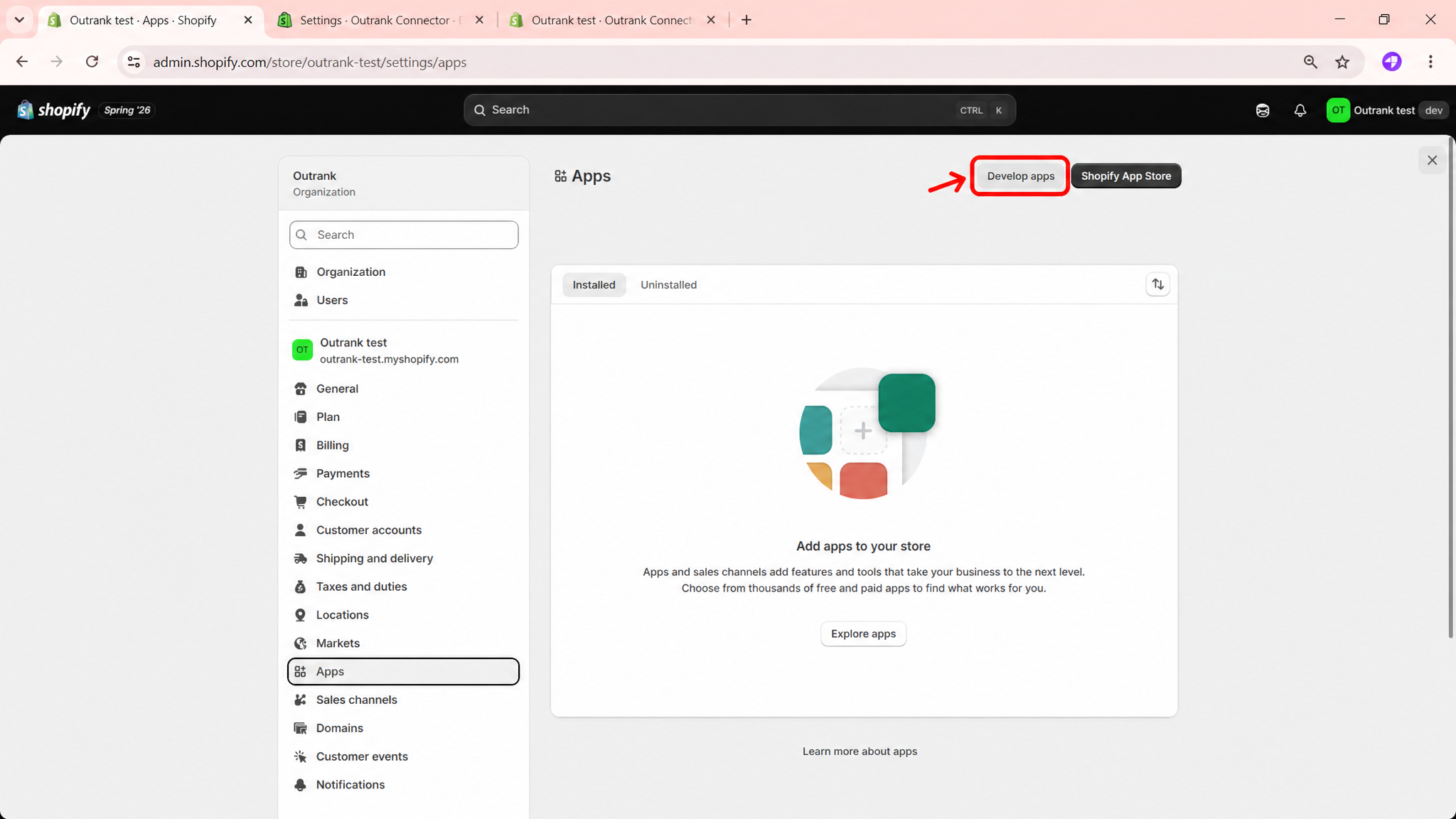 Shopify admin Apps page with the Develop apps button highlighted