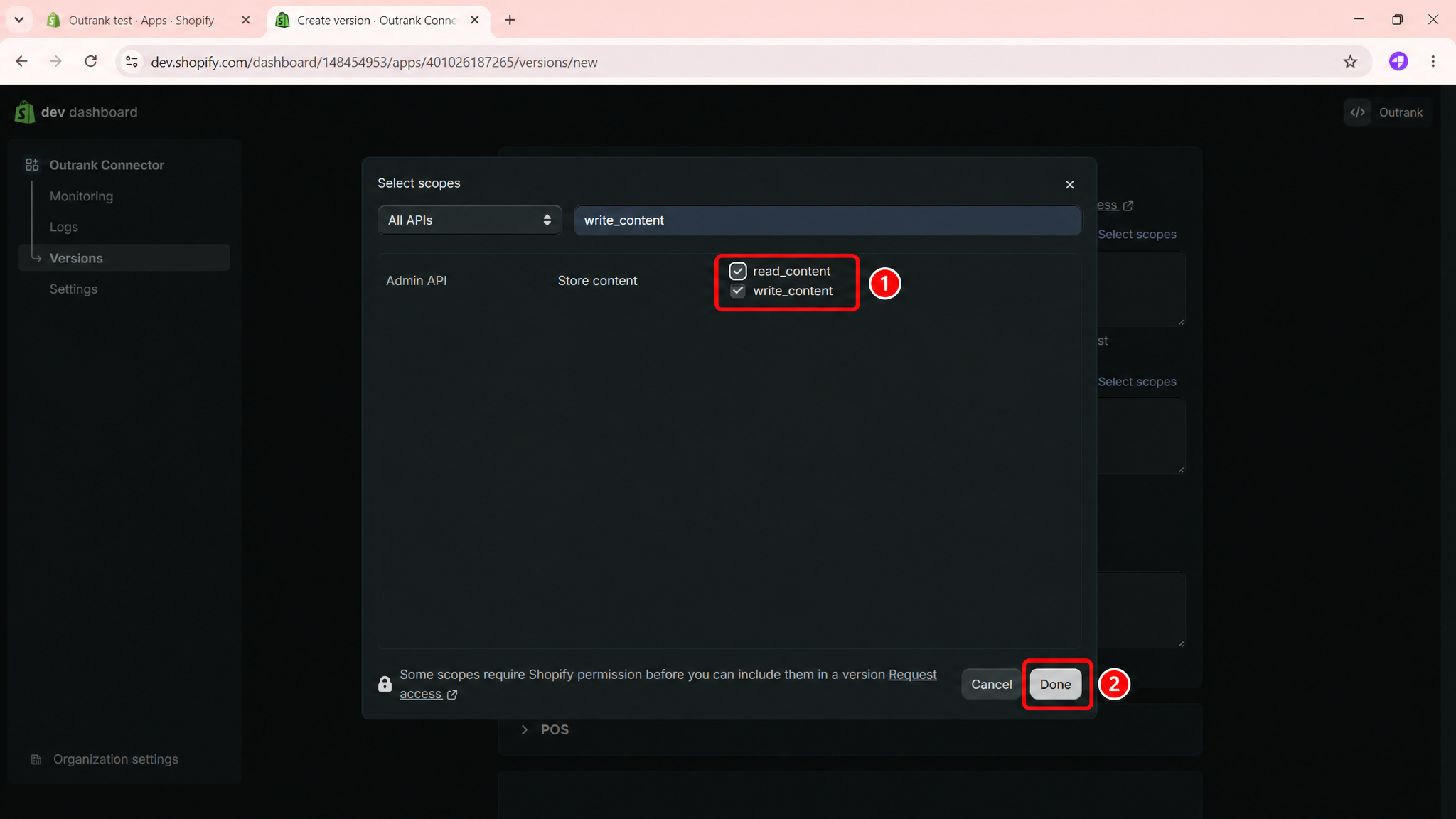 Select scopes dialog with the content scopes and Done button highlighted