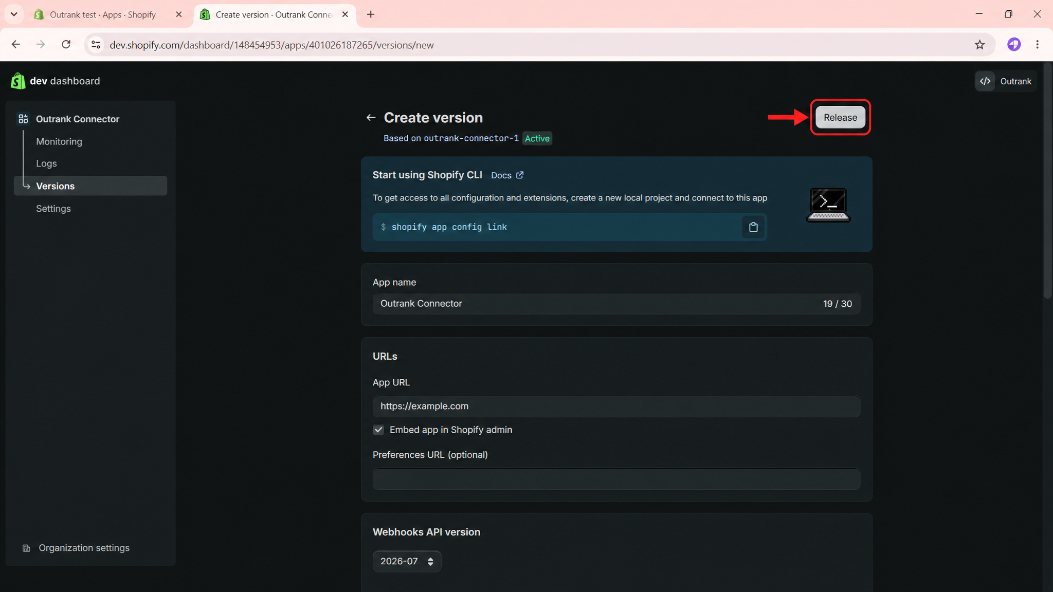 App version page with the Release button highlighted