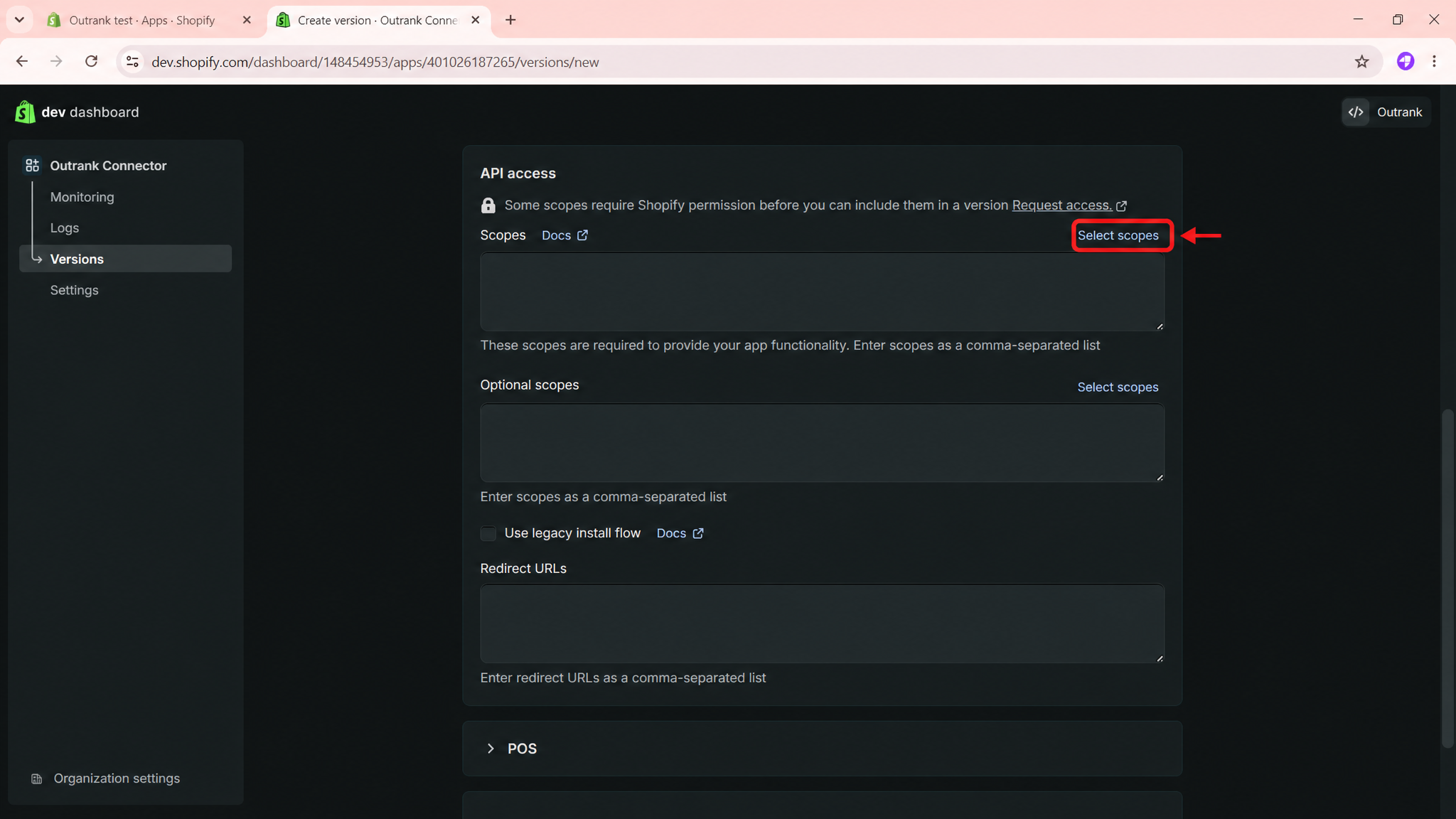 API access section with the Select scopes link highlighted