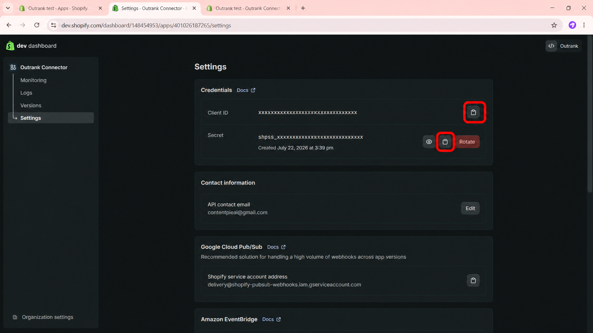 App Settings page with the Client ID and Secret copy buttons highlighted