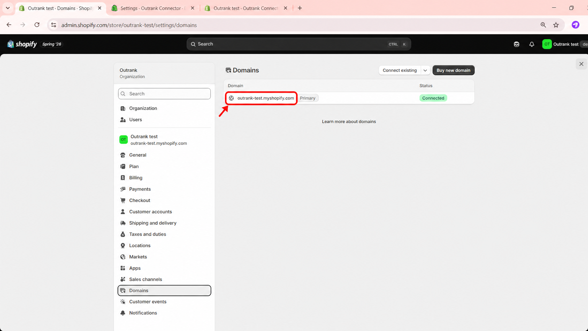Settings Domains page with the myshopify.com domain highlighted
